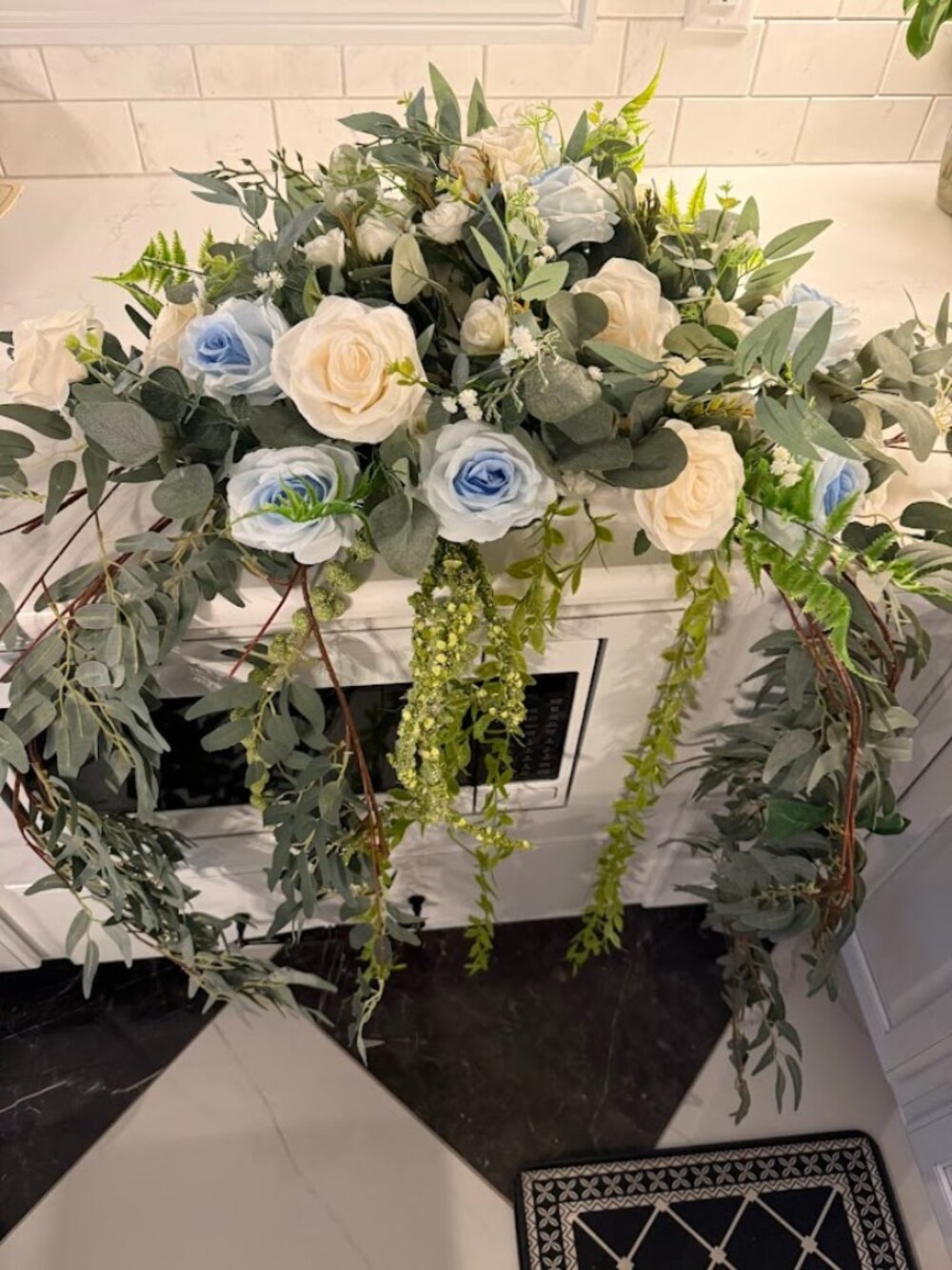6Ft Blue/White Faux Floral Table Arrangement